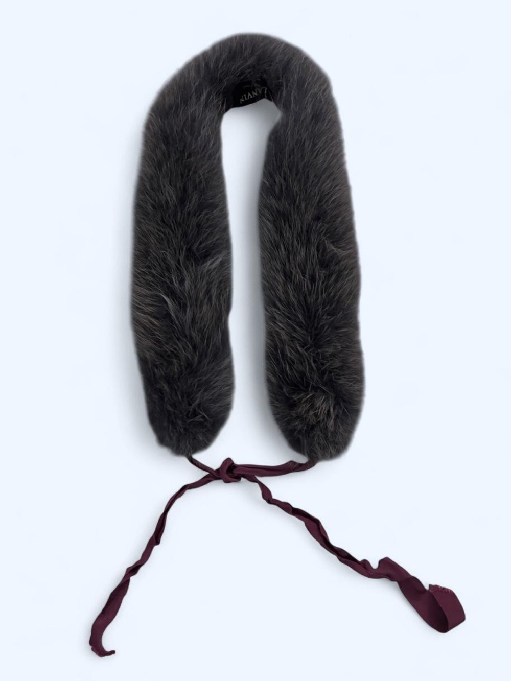 Lanvin Fourrure Finland Blue Fox Fur ribbon tie Stole wrap Scarf Silk Lined
